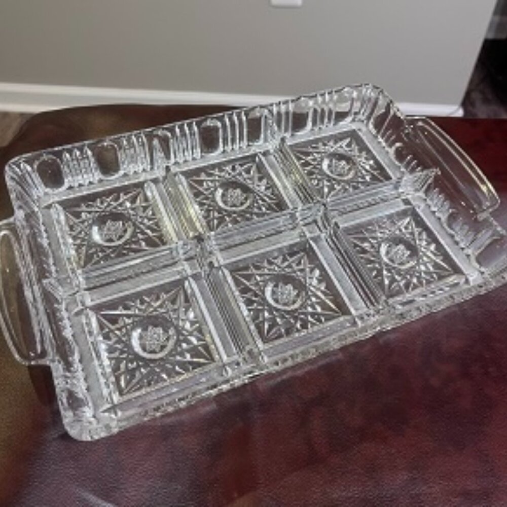 Vintage Czech Bohemian Hand Cut Crystal Antique Rectangular Tray 6 sections